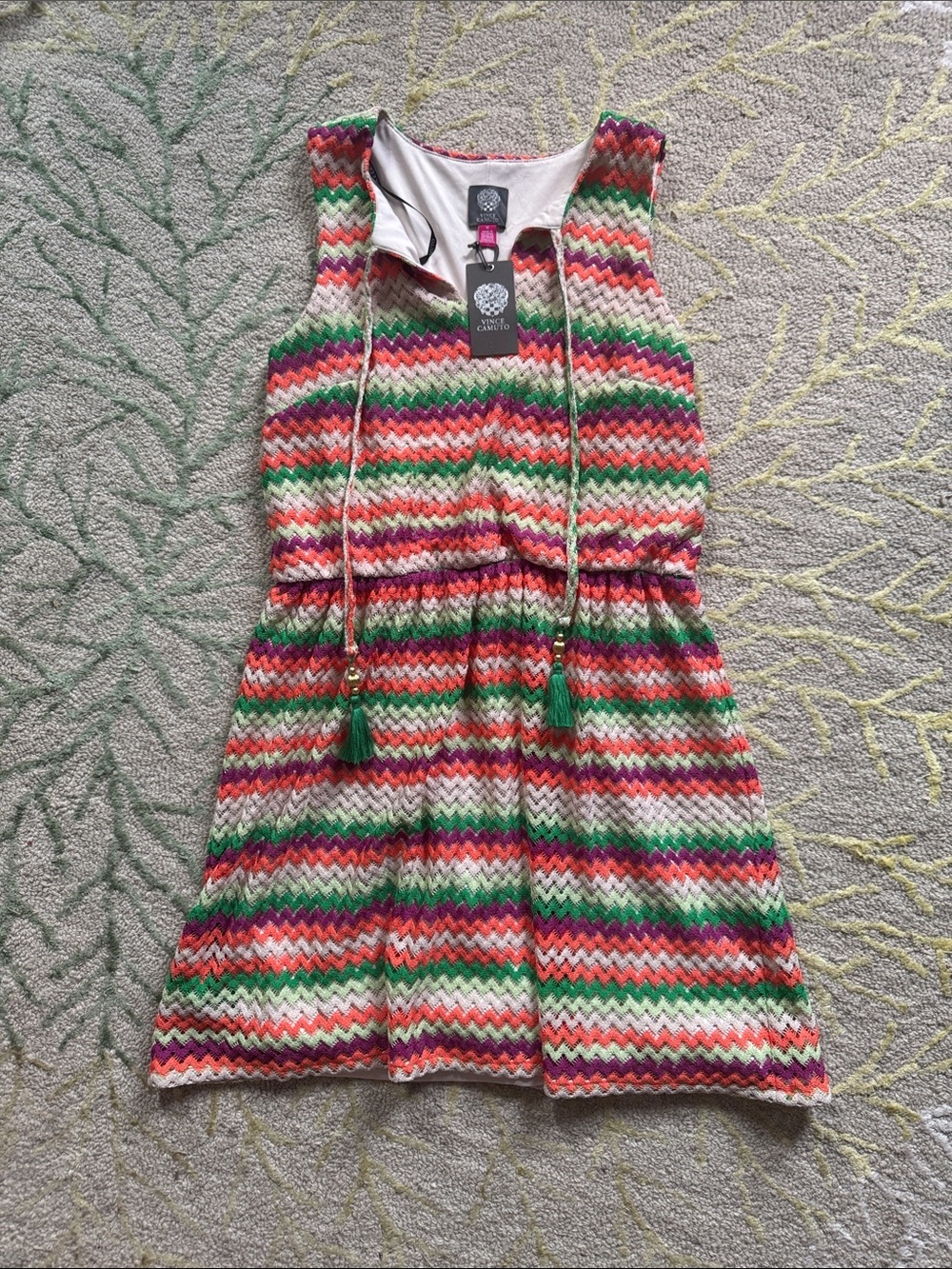 Vince Camuto Chevron zigzag eyelet tassel dress 12 NWT